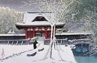 雪の積もった朱塗りの門の前を、傘を差した人が歩いている版画
