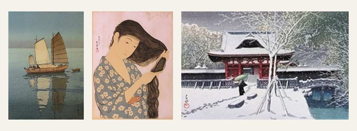 帆船が凪いだ海に映る風景版画、長い黒髪をすく女性の版画、雪の積もった寺の門の前を傘を差した人が歩く版画の3点を並べた画像