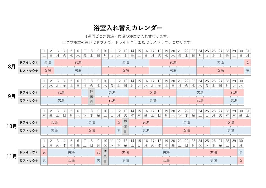 8月から11月の日付ごとに、ドライサウナとミストサウナの浴室が男湯・女湯のどちらかを色分けで示した表。9月8日・10月13日・11月10日に休業日の表示