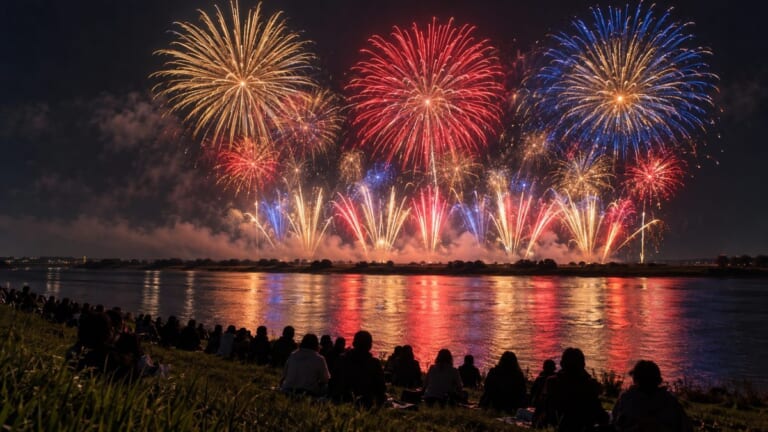 イメージ画像（AI生成）。秋の夜、川の上空に花火が開き、手前の土手に観客が座って見上げている