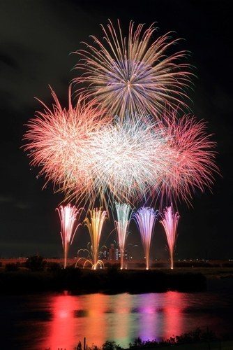 過去の流山花火大会。江戸川の上空に大きな花火が開き、低い位置で色とりどりのスターマインが噴き上がって川面に映っている
