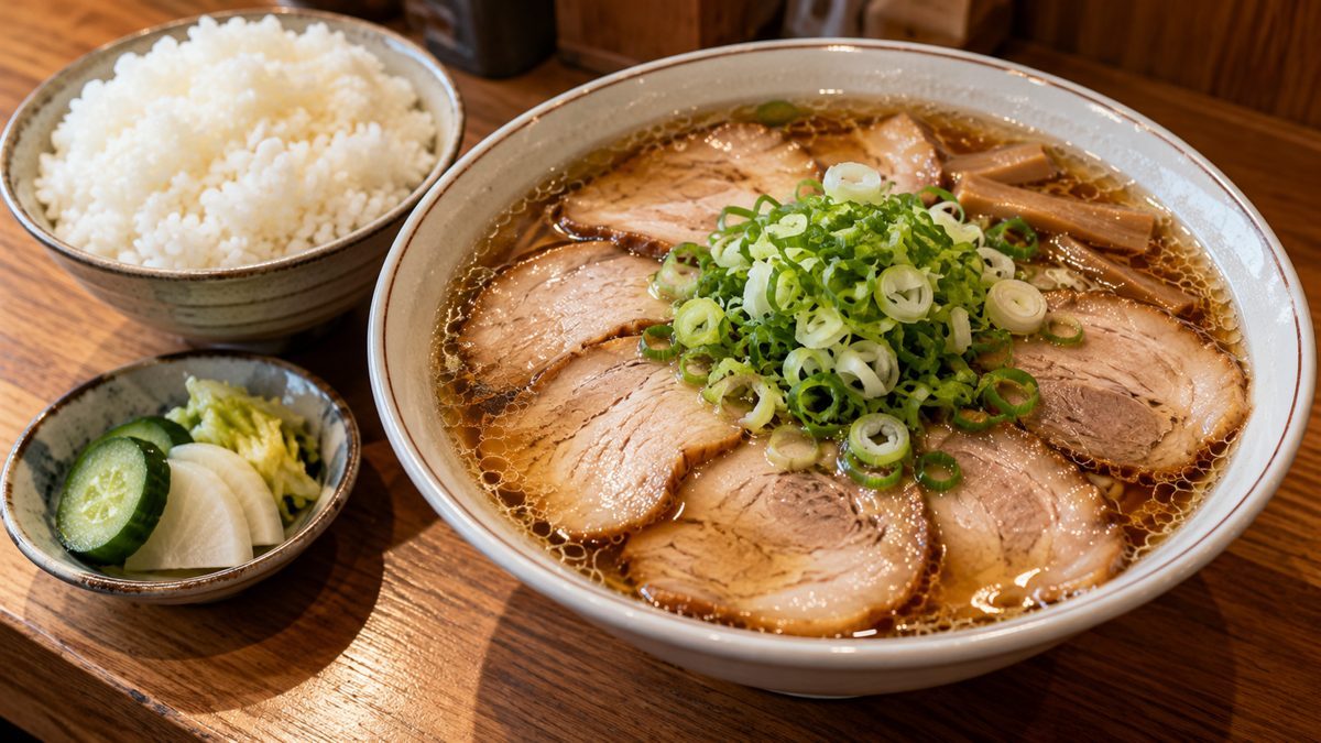 油の膜が張った透明な醤油スープに薄切りチャーシューとネギをのせたラーメンと、山盛りの白いご飯、漬物のイメージ画像
