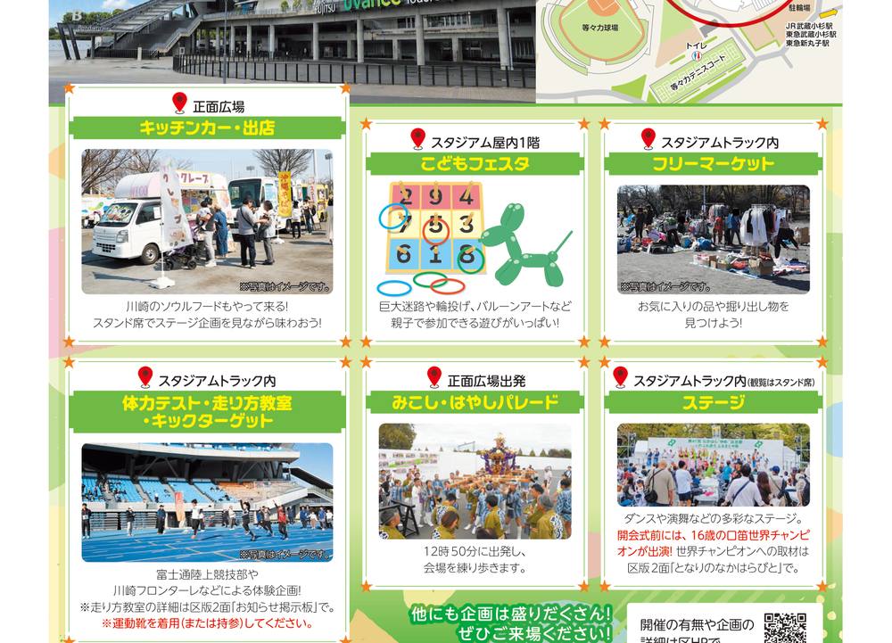 第48回なかはら“ゆめ”区民祭のエリア別企画。正面広場のキッチンカー、屋内1階のこどもフェスタ、トラック内のフリーマーケット、走り方教室、みこし・はやしパレード、ステージ