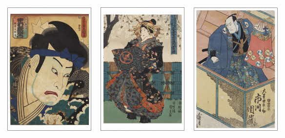 企画展「我が名は豊国」の来館者プレゼントのポストカード3種。役者の大首絵、着物姿の美人画、座敷の役者の絵