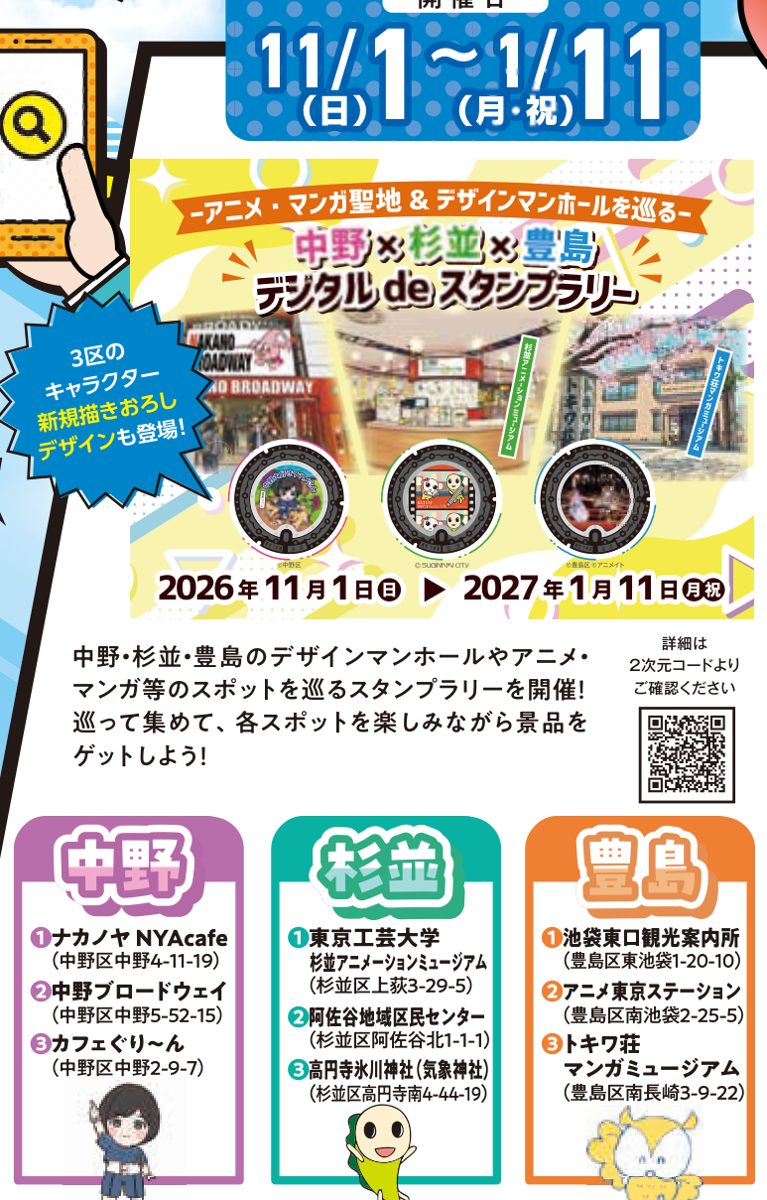 開催日11/1〜1/11、スタンプラリーの説明と、中野・杉並・豊島の各3か所のラリースポットの名称と住所