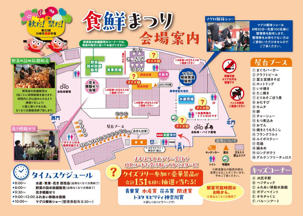 南部市場の会場図に、野菜詰め放題販売、青果売場、キッズコーナー、花き模擬せり会場、屋台ブース1〜20、マグロ解体実演販売、水産売場、正門・西門・北門の位置とタイムスケジュール、屋台とキッズコーナーの一覧