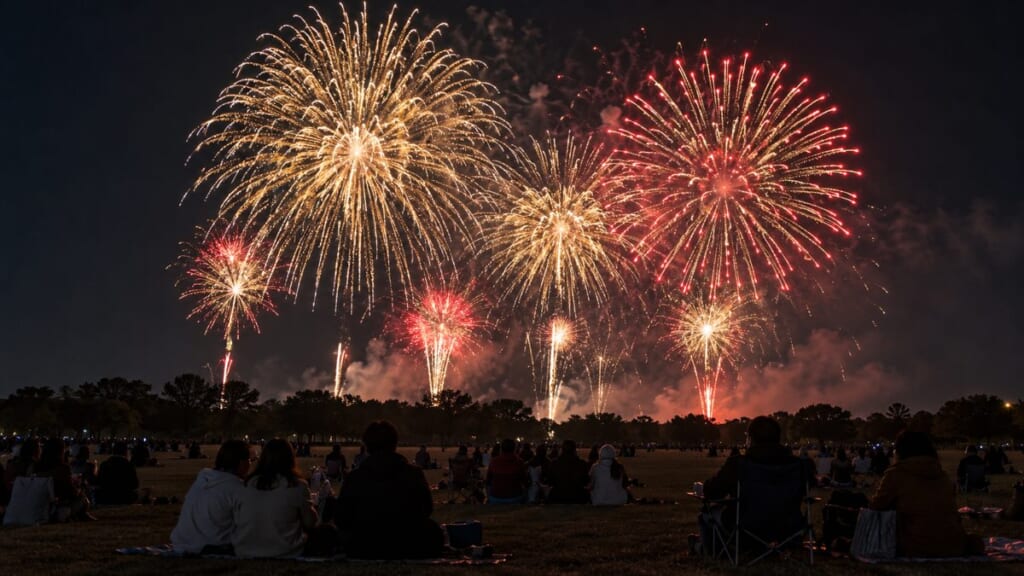 夜の芝生の広場で観客が花火を見上げているイメージ画像