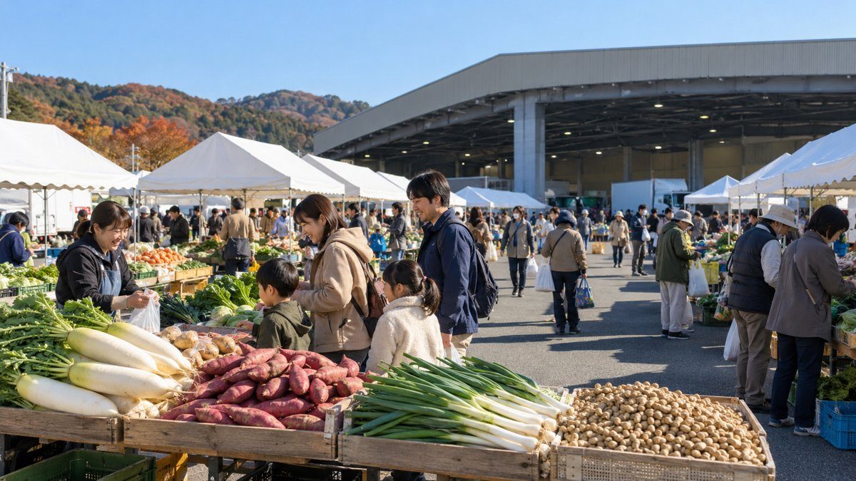 卸売市場の前に白いテントが並び、大根やさつまいも、ねぎ、落花生を家族連れが選んでいるイメージ画像（AI生成）