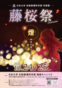 夜の光の玉を背景に赤い髪の女性の後ろ姿と「藤桜祭」の大きな文字、テーマ「燈（あかり）未来を照らす一歩」、2026 10.24 Sat・25 Sun、会場の日本大学生物資源科学部湘南キャンパスと注意事項