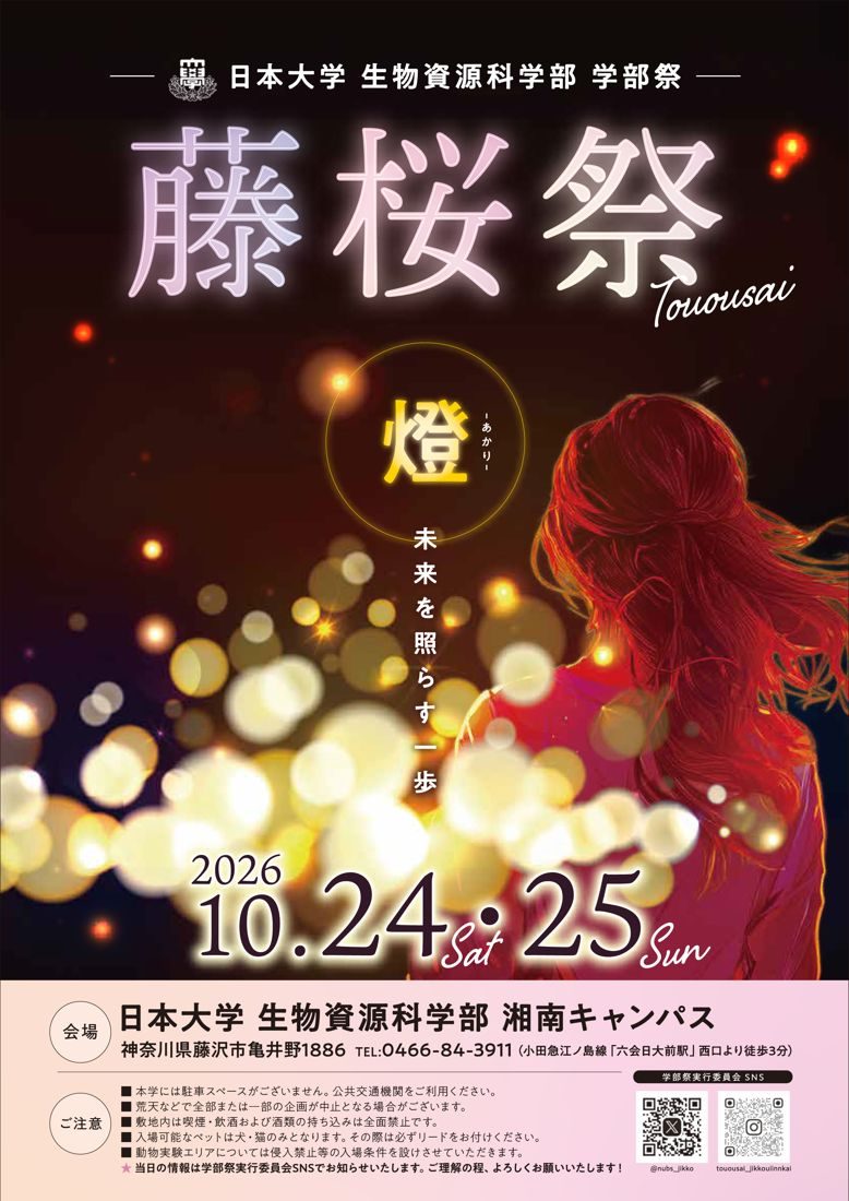 夜の光の玉を背景に赤い髪の女性の後ろ姿と「藤桜祭」の大きな文字、テーマ「燈(あかり)未来を照らす一歩」、2026 10.24 Sat・25 Sun、会場の日本大学生物資源科学部湘南キャンパスと注意事項