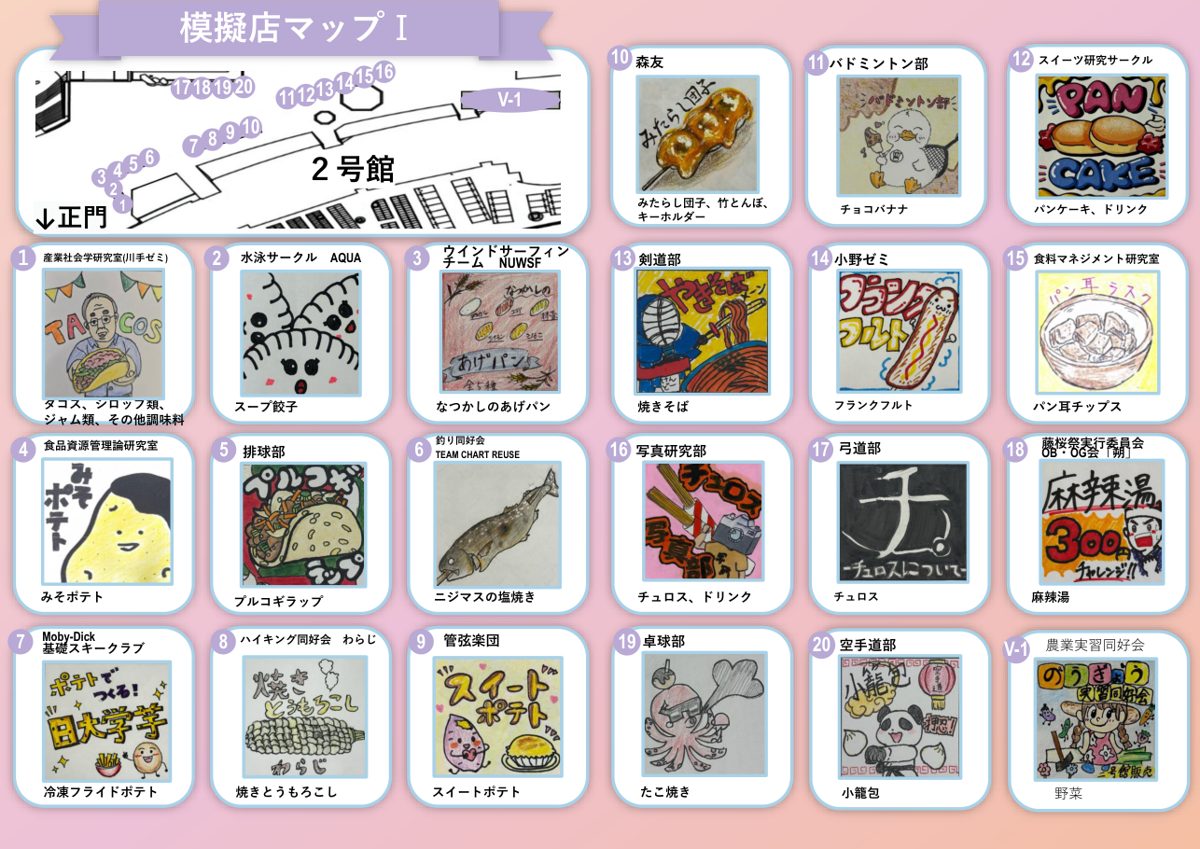 2号館周辺の地図に1〜20番とV-1の位置、各店の手描きイラストと品目(タコス、スープ餃子、あげパン、ニジマスの塩焼き、麻辣湯、野菜など)