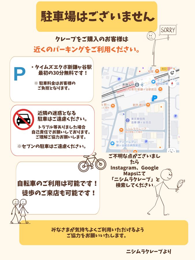 「駐車場はございません」の見出しと、タイムズエクボ新鎌ケ谷駅（最初の30分無料）の案内、新鎌ケ谷駅南側の地図に店とコインパーキングの位置