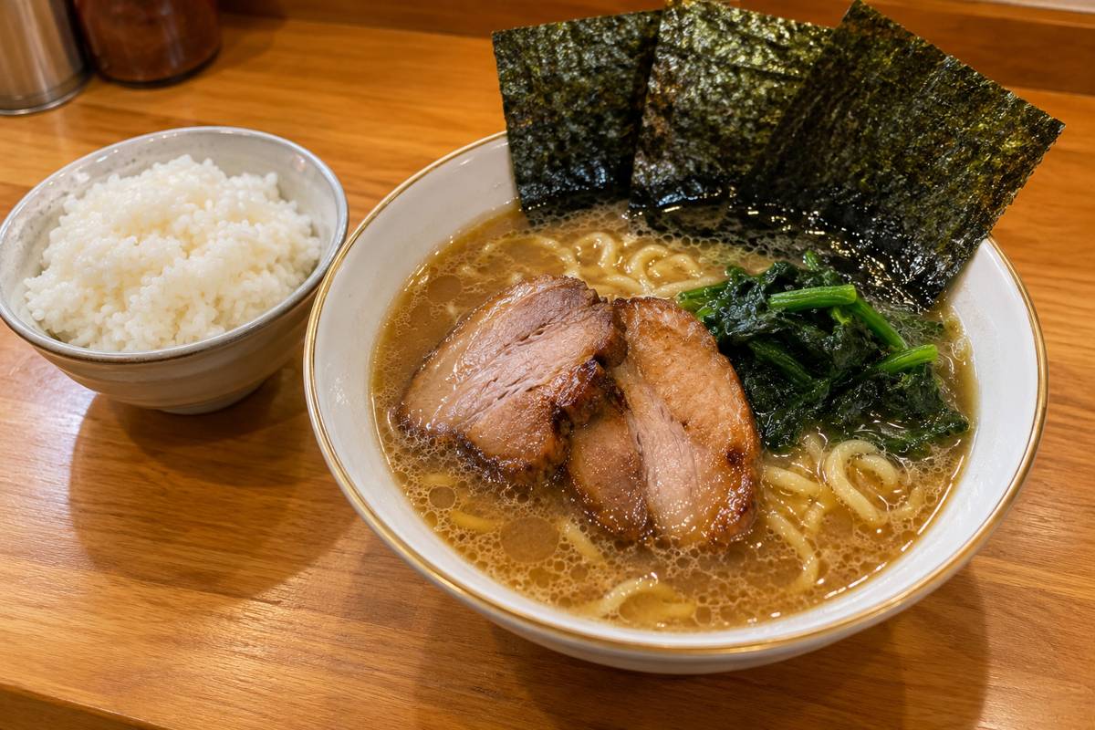 金縁の白い丼に盛った豚骨醤油の家系ラーメンと小さなライスのイメージ画像