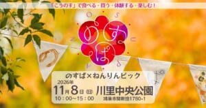 紅葉した木の葉と手書きのガーランドを背景に「のすぱ」のロゴと「のすぱ×ねんりんピック 2026年11月8日（日）10:00〜15:00 川里中央公園 鴻巣市関新田1780-1」の文字