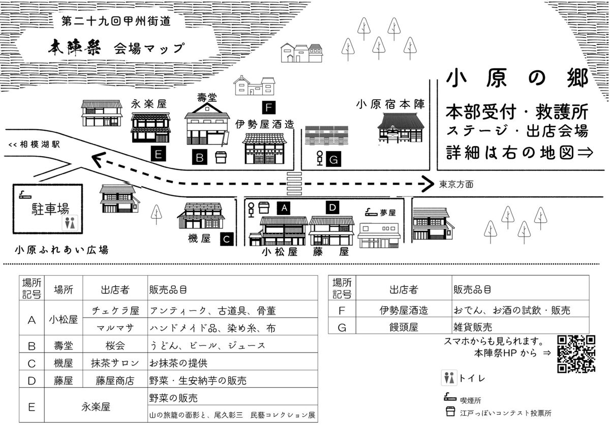 第29回本陣祭の会場マップ。国道20号沿いの小松屋、壽堂、機屋、藤屋、永楽屋、伊勢屋酒造、饅頭屋の位置と出店者・販売品目の表、小原の郷の本部受付・救護所