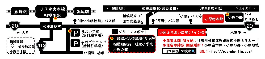 相模湖駅から国道20号沿いに、桂北小学校と与瀬グラウンドの無料駐車場、メイン会場の小原ふれあい広場、小原宿本陣、小原の郷を示した周辺図。循環バスの停車場は相模湖駅前・桂北小学校・小原の郷