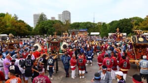 2025年の大江戸神輿まつりで木場公園の広場に集まった神輿と担ぎ手