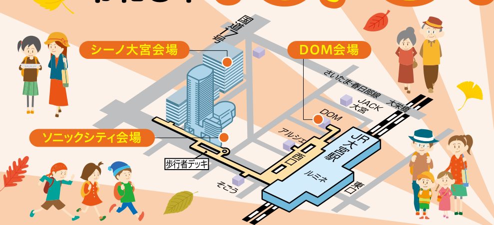 JR大宮駅西口から歩行者デッキでソニックシティ会場へつながり、駅の近くにDOM会場、奥にシーノ大宮会場がある地図