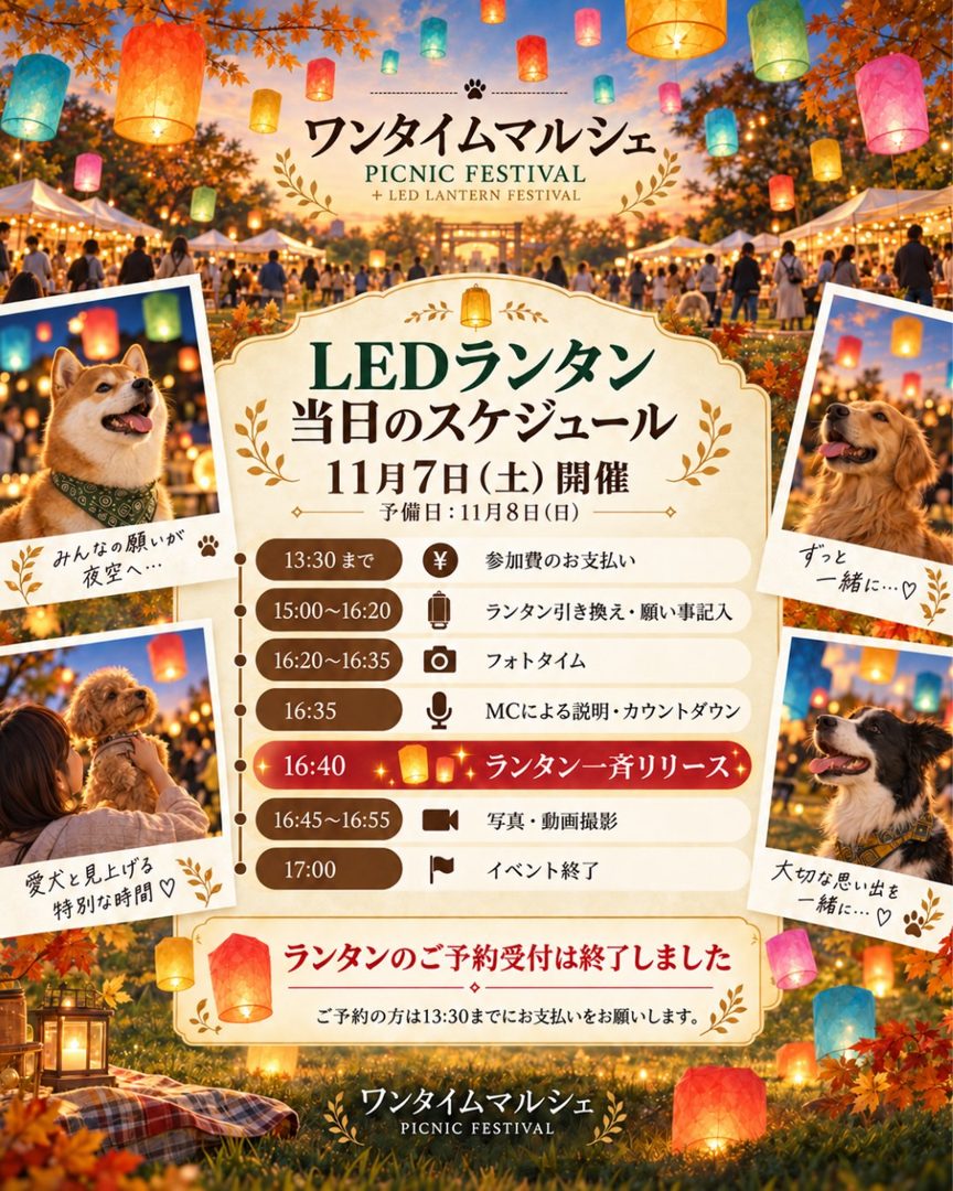11月7日（土）のランタンの参加費支払い・引き換え・一斉リリース16:40・終了17:00の時刻表と「ランタンのご予約受付は終了しました」の表示