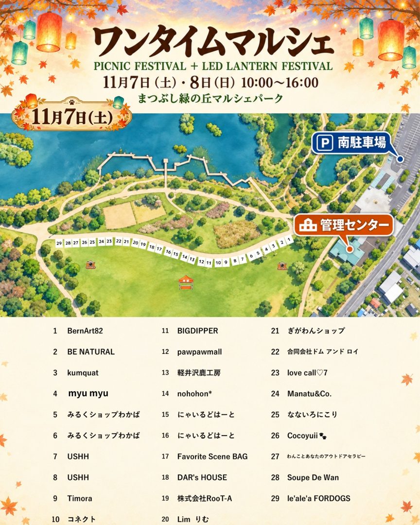 池の南側の芝生広場に沿って1〜29番のブースが並ぶ会場図と、南駐車場・管理センターの位置、7日の出店者名の一覧