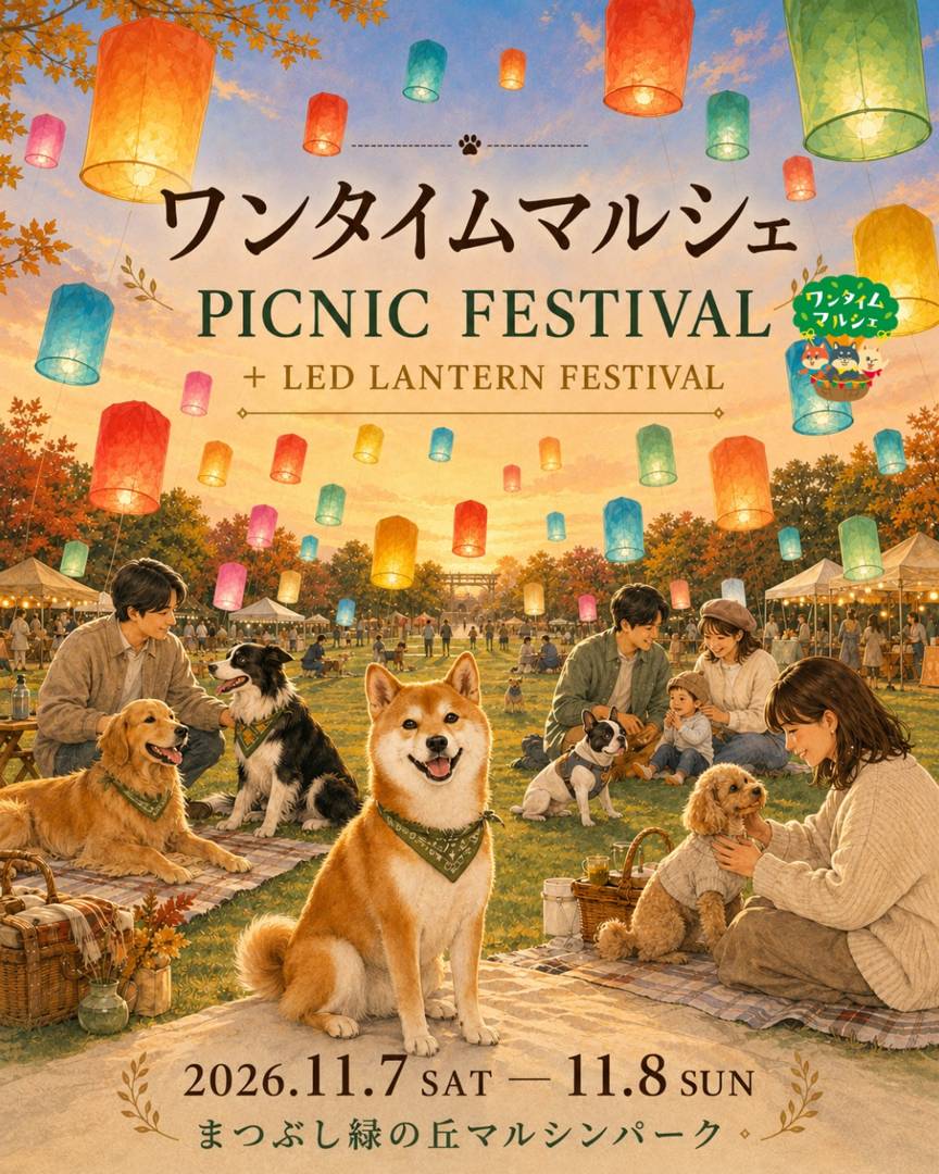 夕暮れの空にランタンが浮かび、芝生で犬と飼い主がくつろぐイラストに「ワンタイムマルシェ PICNIC FESTIVAL」「2026.11.7 SAT—11.8 SUN まつぶし緑の丘マルシンパーク」の文字