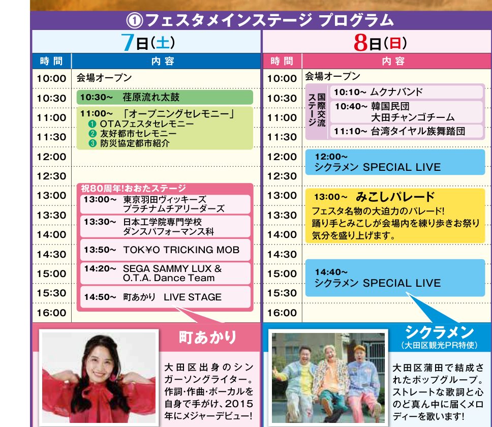OTAふれあいフェスタ2026のメインステージのプログラム。7日は荏原流れ太鼓、オープニングセレモニー、祝80周年おおたステージ、8日は国際交流ステージ、シクラメンのライブ2回、みこしパレード