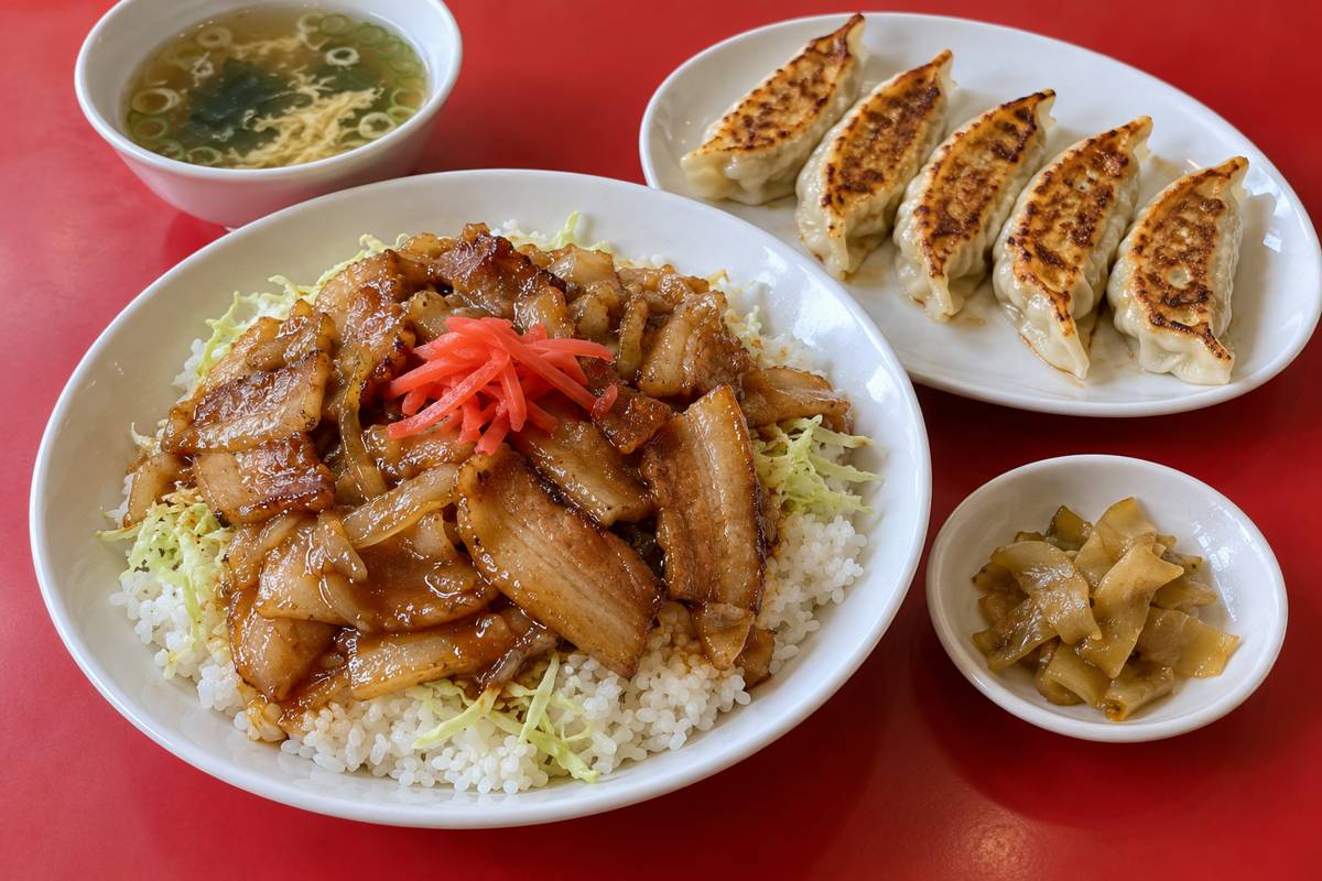 キャベツの千切りと豚バラ炒めをのせたご飯と焼き餃子のイメージ画像
