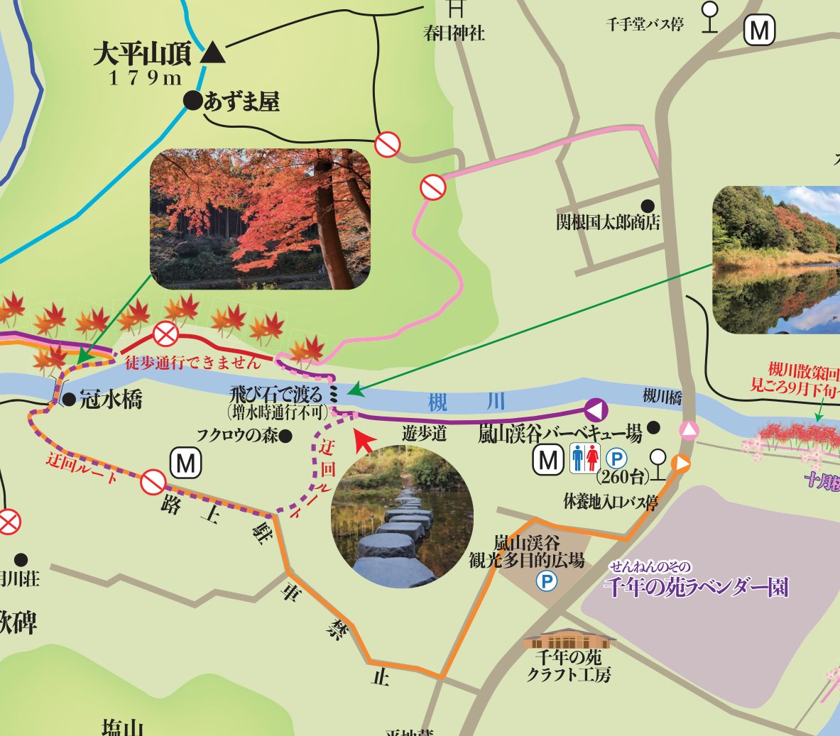 嵐山渓谷の地図。嵐山渓谷バーベキュー場から槻川沿いの遊歩道と飛び石、飛び石の先の川沿いに「徒歩通行できません」の表示、飛び石の手前から南の道を通って冠水橋へ向かう点線の迂回ルート、千年の苑ラベンダー園と休養地入口バス停の位置