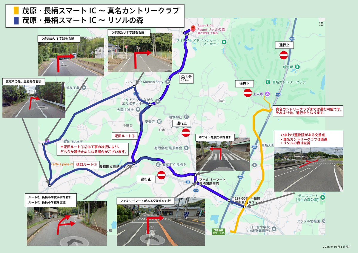 茂原・長柄スマートICからリソルの森までの地図に、青線の迂回ルート①②と黄線の真名カントリークラブまでの道、通行止めの地点、曲がる交差点の写真が載っている