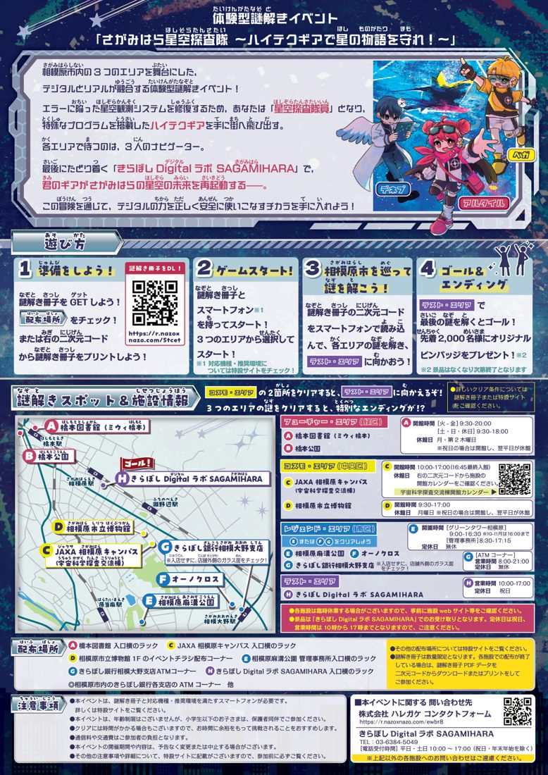 遊び方の4つの手順と、AからHまでの謎解きスポットの地図、各施設の開館時間が載ったチラシの裏面