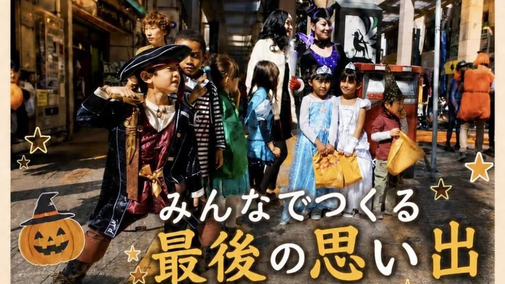 仮装した子どもたちが相模大野の商店街を歩く様子。海賊やお姫様の仮装でお菓子の袋を持っている。「みんなでつくる最後の思い出」の文字