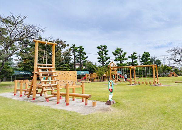 芝生の広場に木製のはしごやロープのアスレチック遊具が並び、奥に木々が見える写真