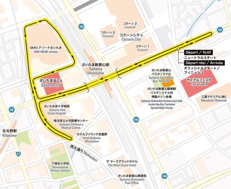さいたま新都心駅周辺の地図に黄色で描かれた2026年大会の競技コース。GMOアリーナさいたまの外周を回り、駅の東側にスタート・フィニッシュ、アリーナ南側にさいたまるしぇ、東側にサイクルフェスタの会場がある