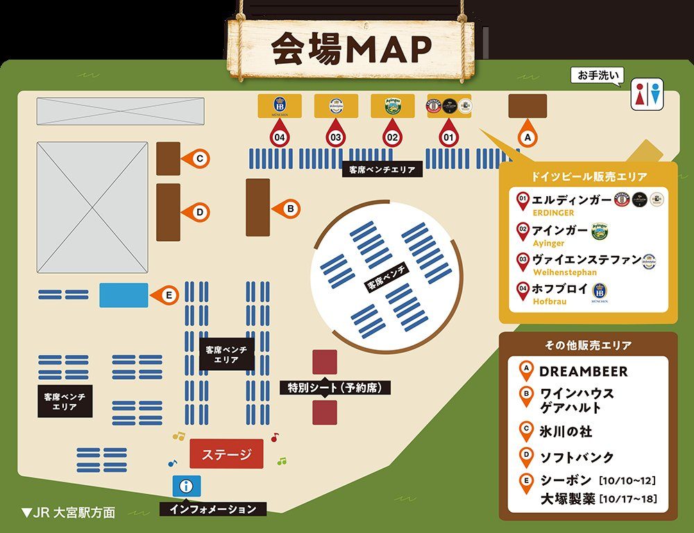 会場MAP。奥にドイツビール販売エリアの01エルディンガー、02アインガー、03ヴァイエンステファン、04ホフブロイが並び、中央に円形の客席ベンチ、手前にステージとインフォメーション、特別シート（予約席）。その他販売エリアはA DREAMBEER、B ワインハウスゲアハルト、C 氷川の杜、D ソフトバンク、E シーボン（10/10〜12）・大塚製薬（10/17〜18）