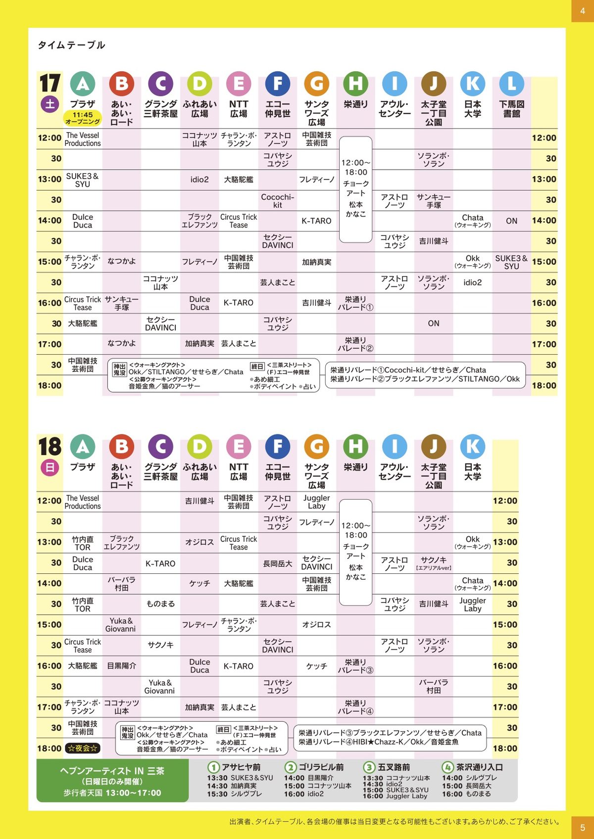 三茶de大道芸2026のタイムテーブル。17日（土）と18日（日）のAプラザからL下馬図書館までの会場別の出演時刻、栄通りパレード、ヘブンアーティストIN三茶の時刻