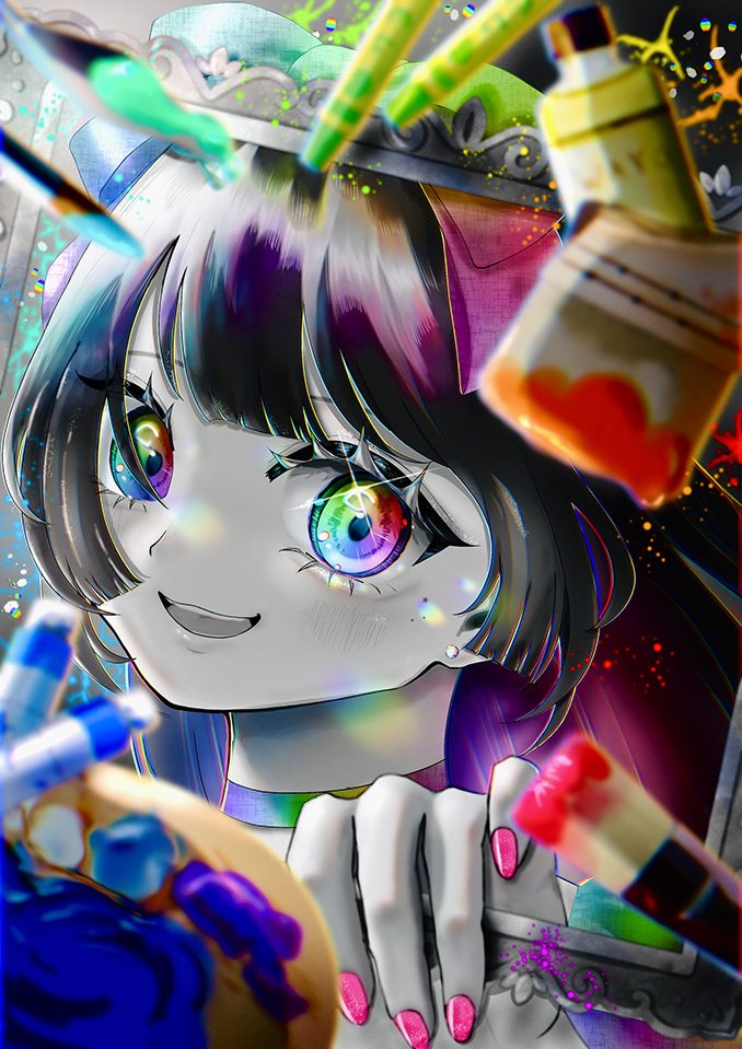 黒髪の人物が笑顔でこちらを見上げ、まわりに絵筆や絵の具のチューブ、パレットが描かれたカラフルなイラスト