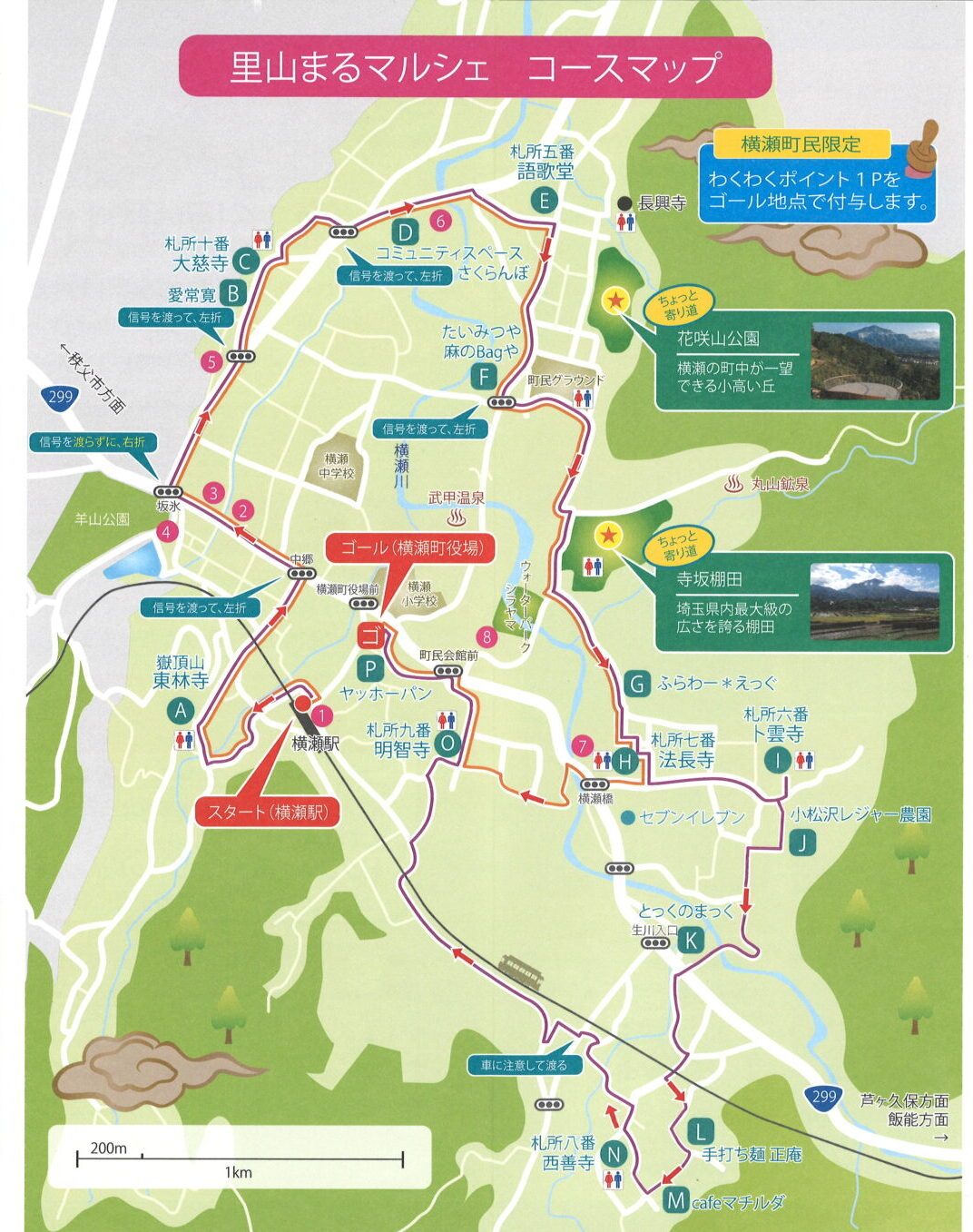 里山まるマルシェのコースマップ。横瀬駅のスタートから札所を巡り横瀬町役場のゴールへ向かう赤いルート線と、各札所の位置