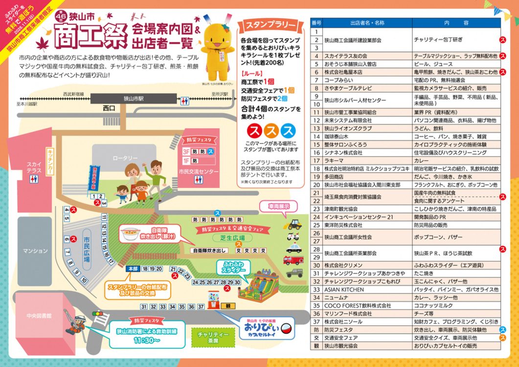 狭山市駅西口のロータリー、市民交流センター、市民広場、芝生広場、中央図書館の位置に出店番号1〜37と本部、ふわふわスライダー、自衛隊の炊き出し、救助訓練11時30分の場所を描いた案内図と、番号ごとの出店者名・内容の一覧表、スタンプラリーのルール