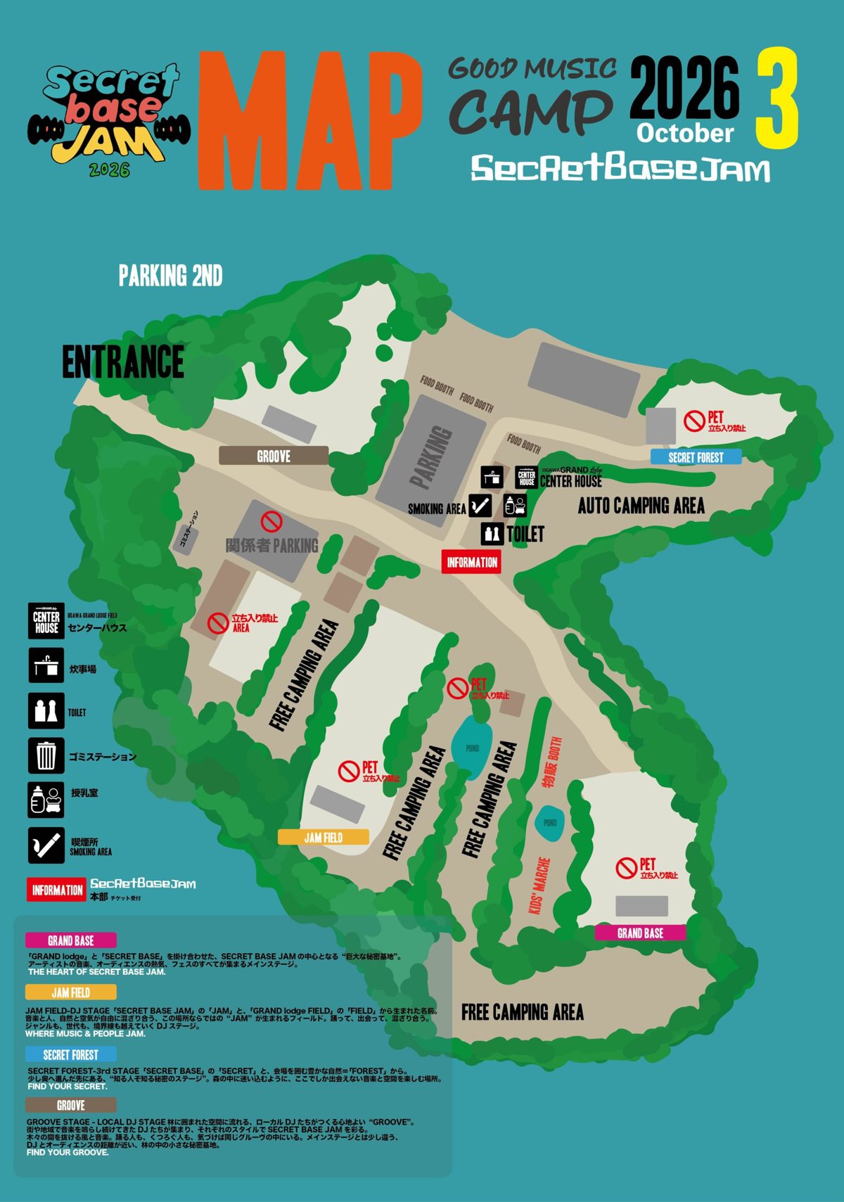 SECRET BASE JAM 2026の会場マップ。入口近くにGROOVE、中央にフードブースと駐車場、北東にSECRET FOREST、南西にJAM FIELD、南東の奥にGRAND BASE、池のそばに物販ブースとキッズマルシェが描かれている