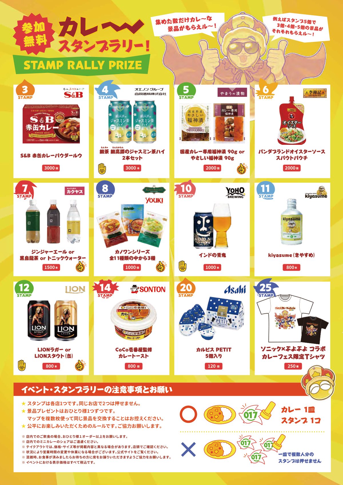 下北沢カレーフェスティバル2026のスタンプラリー景品一覧。3個でS&B赤缶カレーパウダールウ、4個で鍛高譚のジャスミン茶ハイ2本、5個で福神漬、6個でオイスターソース、7個でカクヤスの飲料、8個でカノワンシリーズ3種、10個でインドの青鬼、11個でkiyasume、12個でLION、14個でCoCo壱番屋監修カレートースト、20個でカルピスPETIT、25個で限定Tシャツ