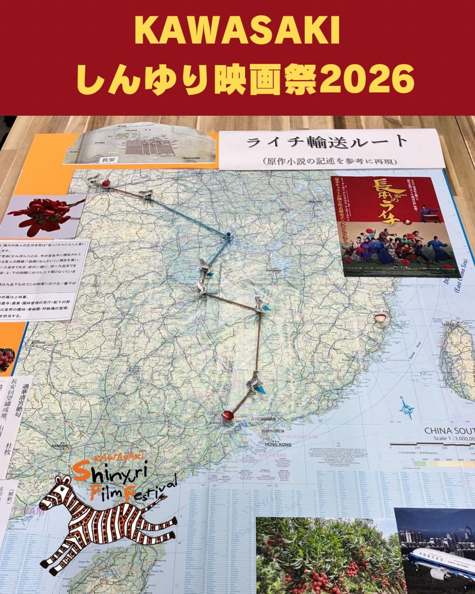 中国の地図の上に糸とピンで長安までのライチ輸送ルートを示し、映画のチラシと解説を添えた展示