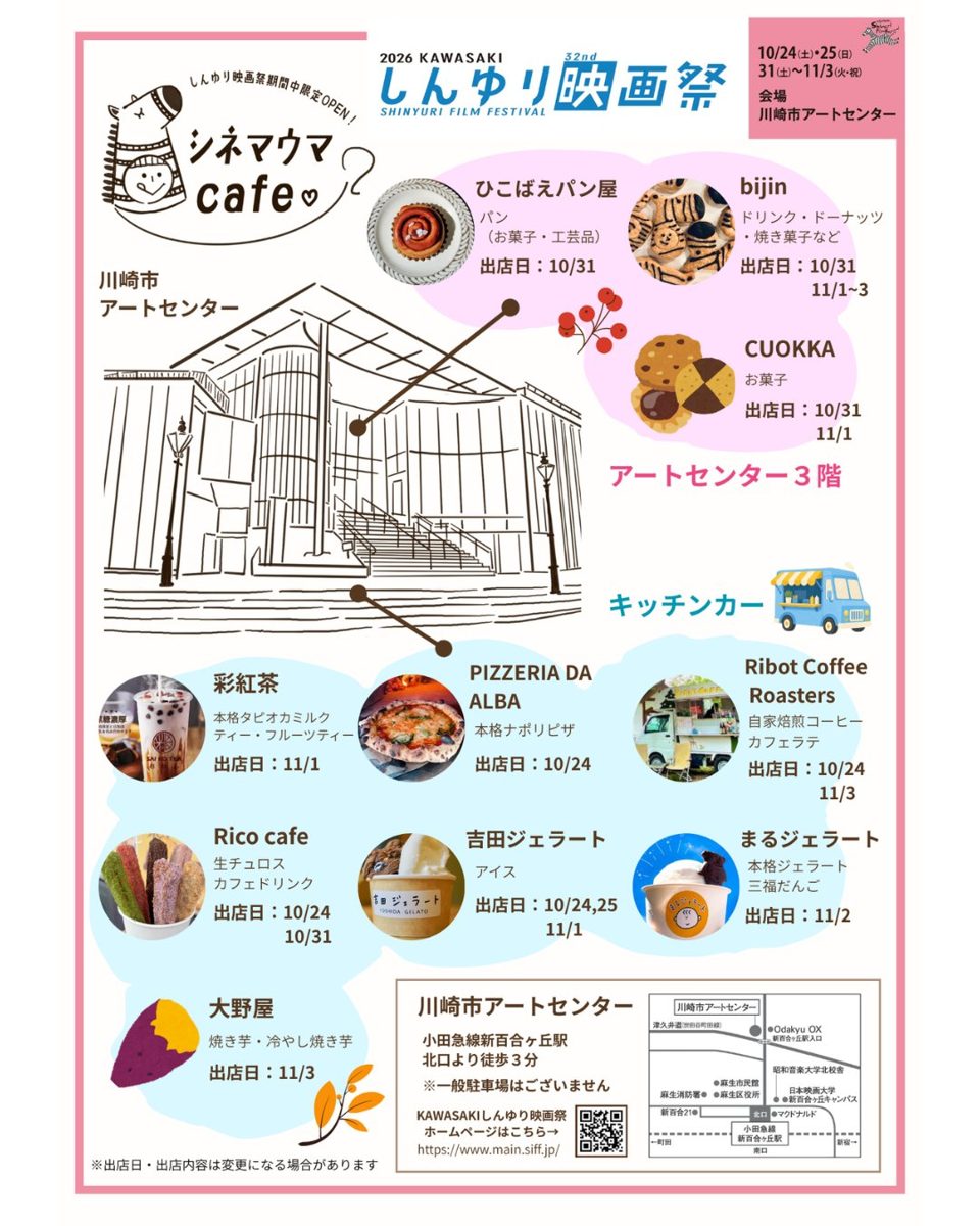 川崎市アートセンター3階のシネマウマcafeとキッチンカーの出店者9店の名前、主な品と出店日を描いた案内図