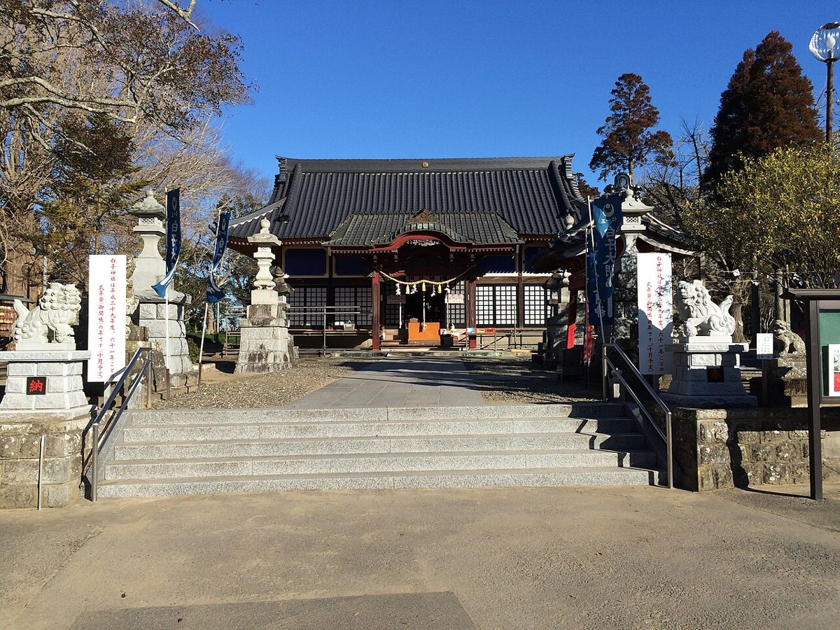 白子神社の拝殿へ続く石段。両脇に狛犬と石灯籠が並び、奥に瓦屋根の拝殿がある