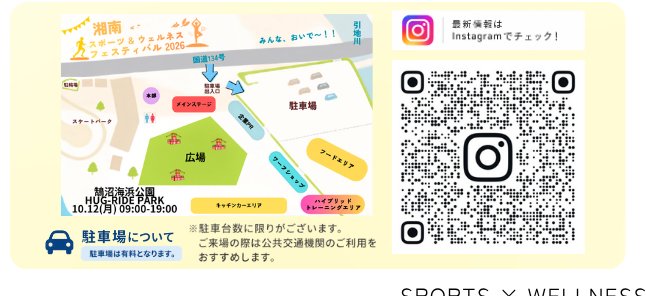 湘南スポーツ＆ウェルネスフェスティバル2026の会場図。メインステージ、広場、ワークショップ、フードエリア、キッチンカーエリア、ハイブリッドトレーニングエリア、有料駐車場