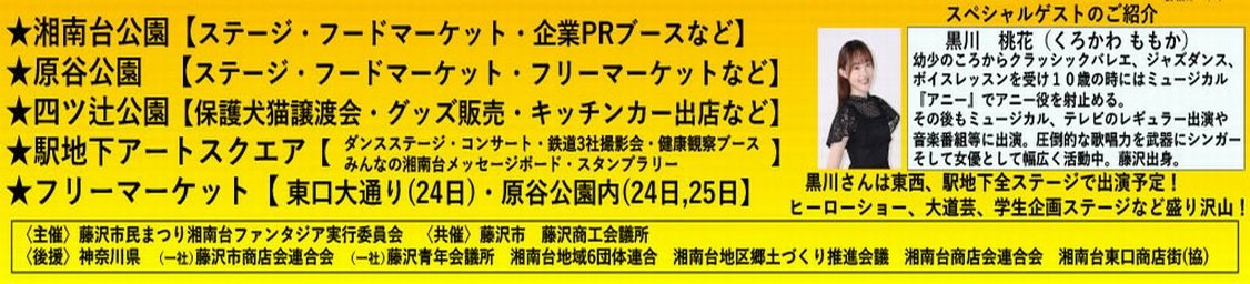 湘南台ファンタジア2026の会場ごとの内容。湘南台公園、原谷公園、四ツ辻公園、駅地下アートスクエア、フリーマーケット、スペシャルゲスト黒川桃花さん
