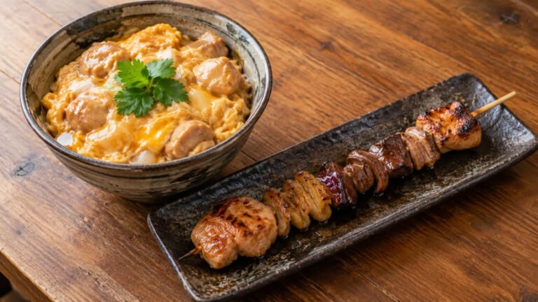 卵でとじた鶏の親子丼と、いくつもの部位を1本の串に刺した焼き鳥のイメージ画像