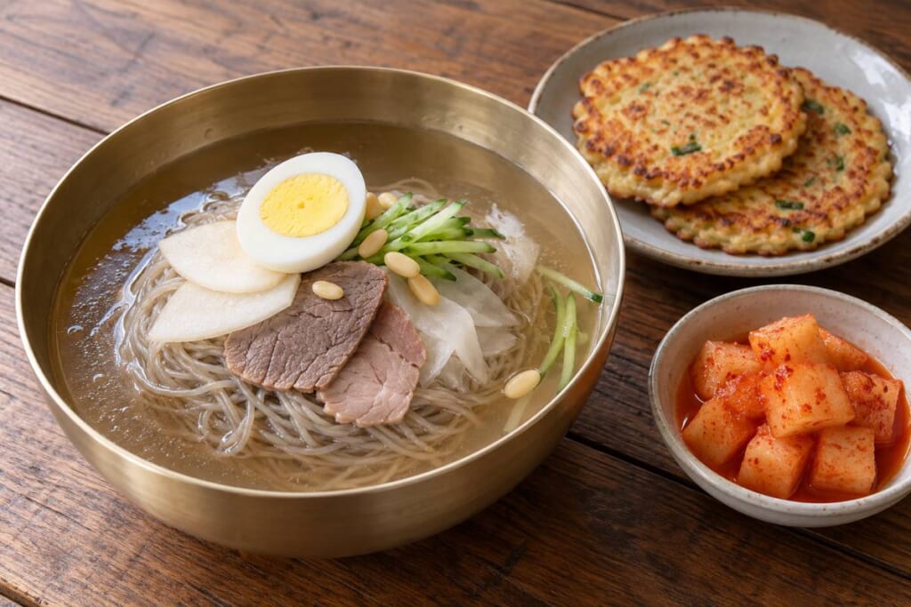 真鍮の器に盛った平壌水冷麺と緑豆チヂミのイメージ画像