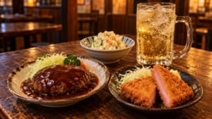 ハンバーグ、ハムカツ、ポテトサラダとホッピーが並ぶ酒場のテーブルのイメージ