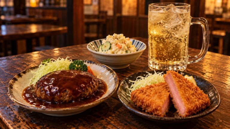 ハンバーグ、ハムカツ、ポテトサラダとホッピーが並ぶ酒場のテーブルのイメージ