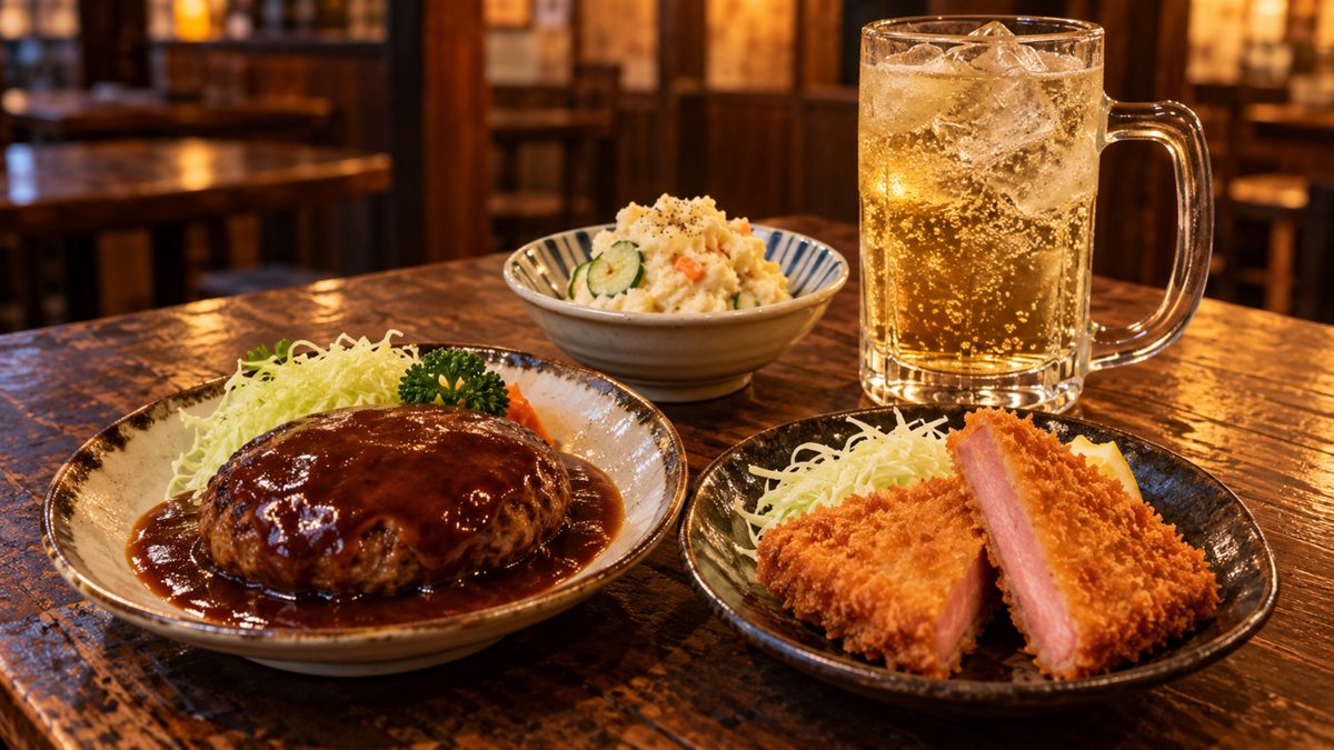 ハンバーグ、ハムカツ、ポテトサラダとホッピーが並ぶ酒場のテーブルのイメージ